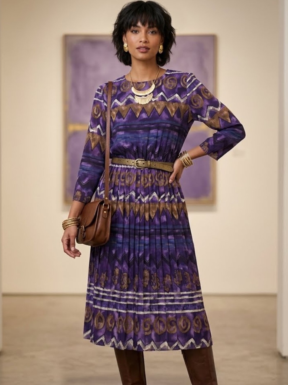 Vintage 80’s 90’s Pleated Midi Dress Purple Retro Aztec Native Western Sz Large